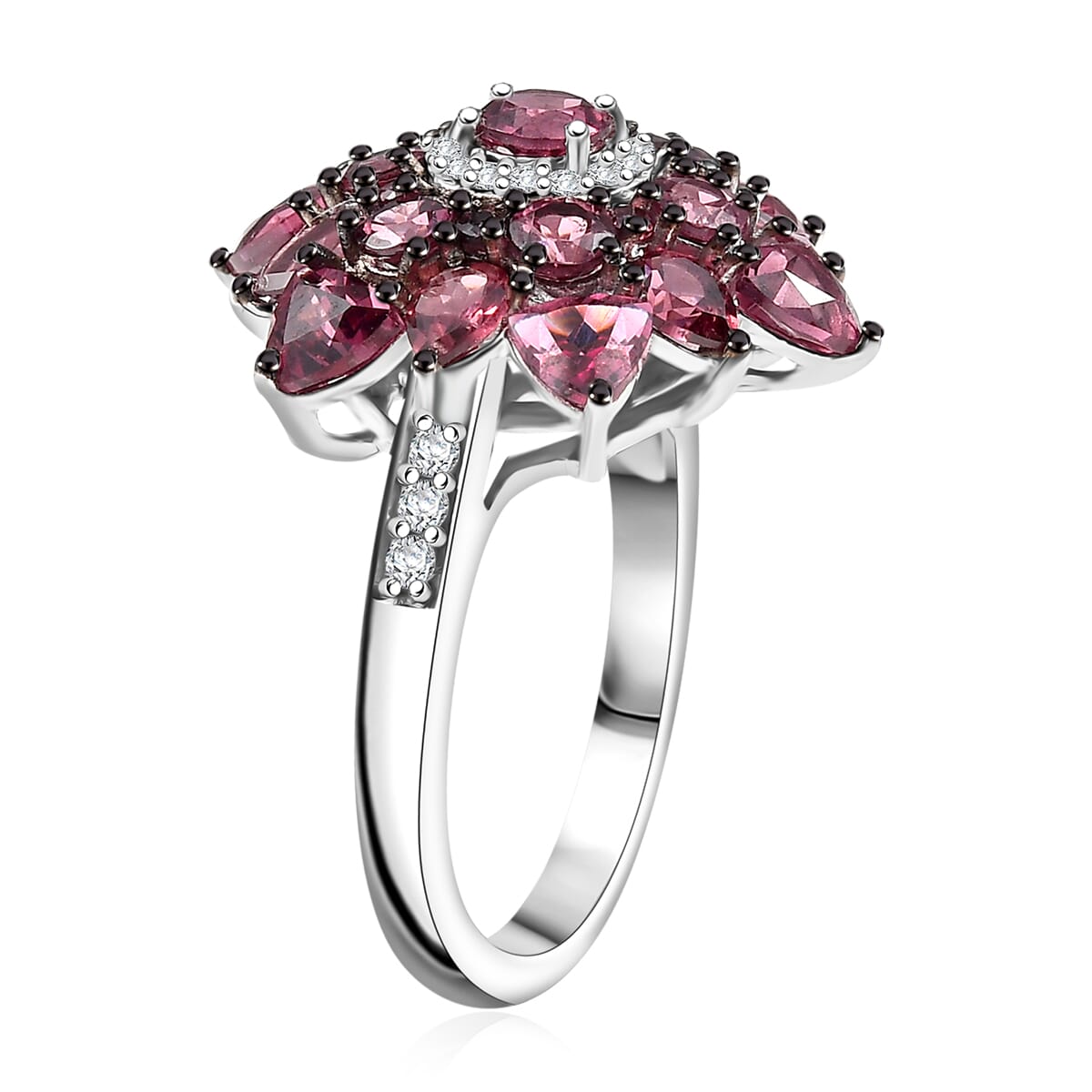 D'Joy Premium Tanzanian Wine Garnet and White Zircon 4.90 ctw Blazing Bloom Ring in Rhodium Over Sterling Silver (Size 10.0) image number 3