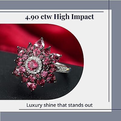 D'Joy Premium Tanzanian Wine Garnet and White Zircon 4.90 ctw Blazing Bloom Ring in Rhodium Over Sterling Silver (Size 10.0)