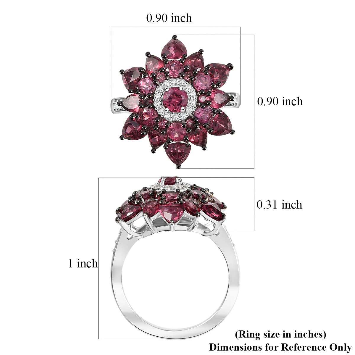D'Joy Premium Tanzanian Wine Garnet and White Zircon 4.90 ctw Blazing Bloom Ring in Rhodium Over Sterling Silver (Size 10.0) image number 5