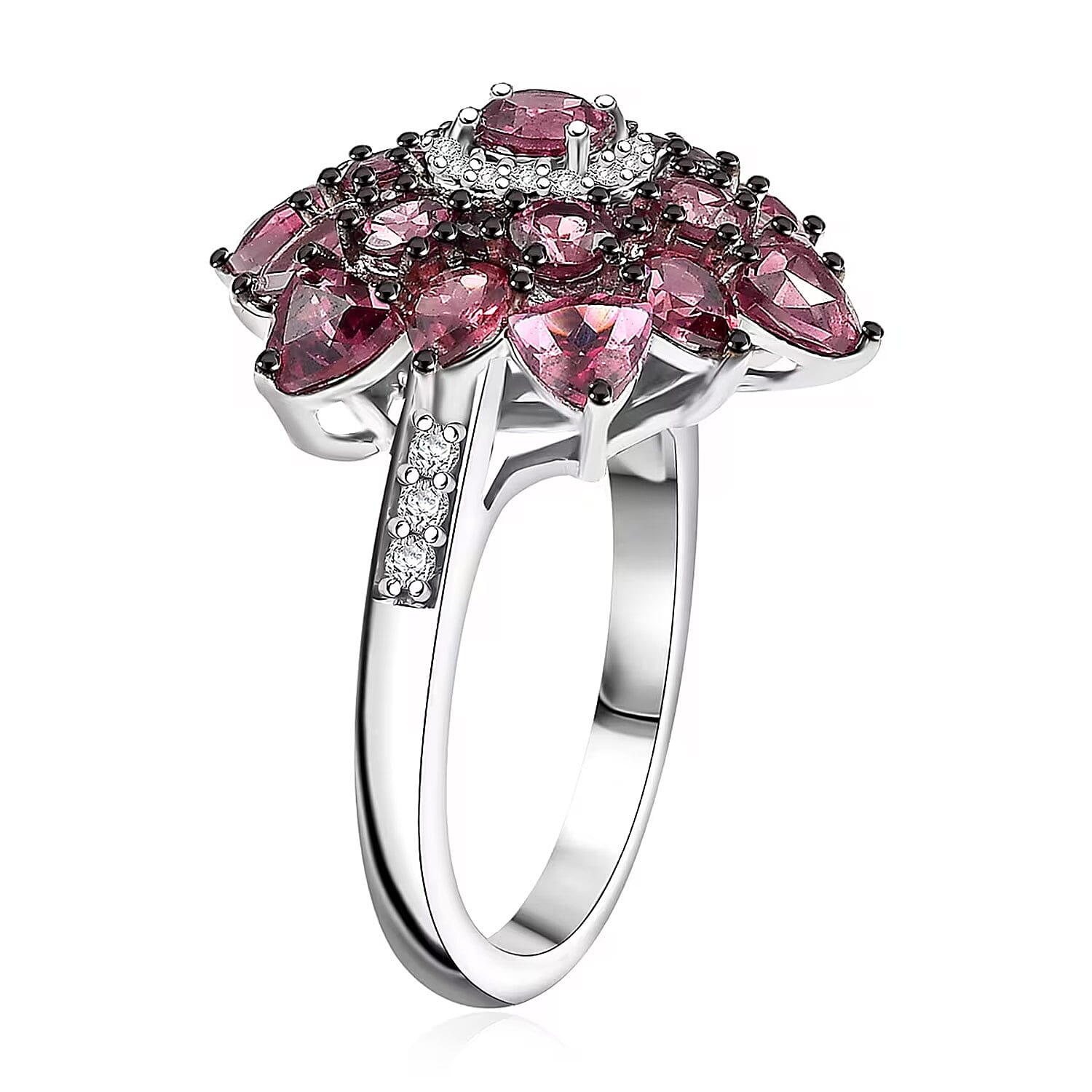 D'Joy Premium Tanzanian Wine Garnet and White Zircon 4.90 ctw Blazing Bloom Ring in Rhodium Over Sterling Silver (Size 10.0)