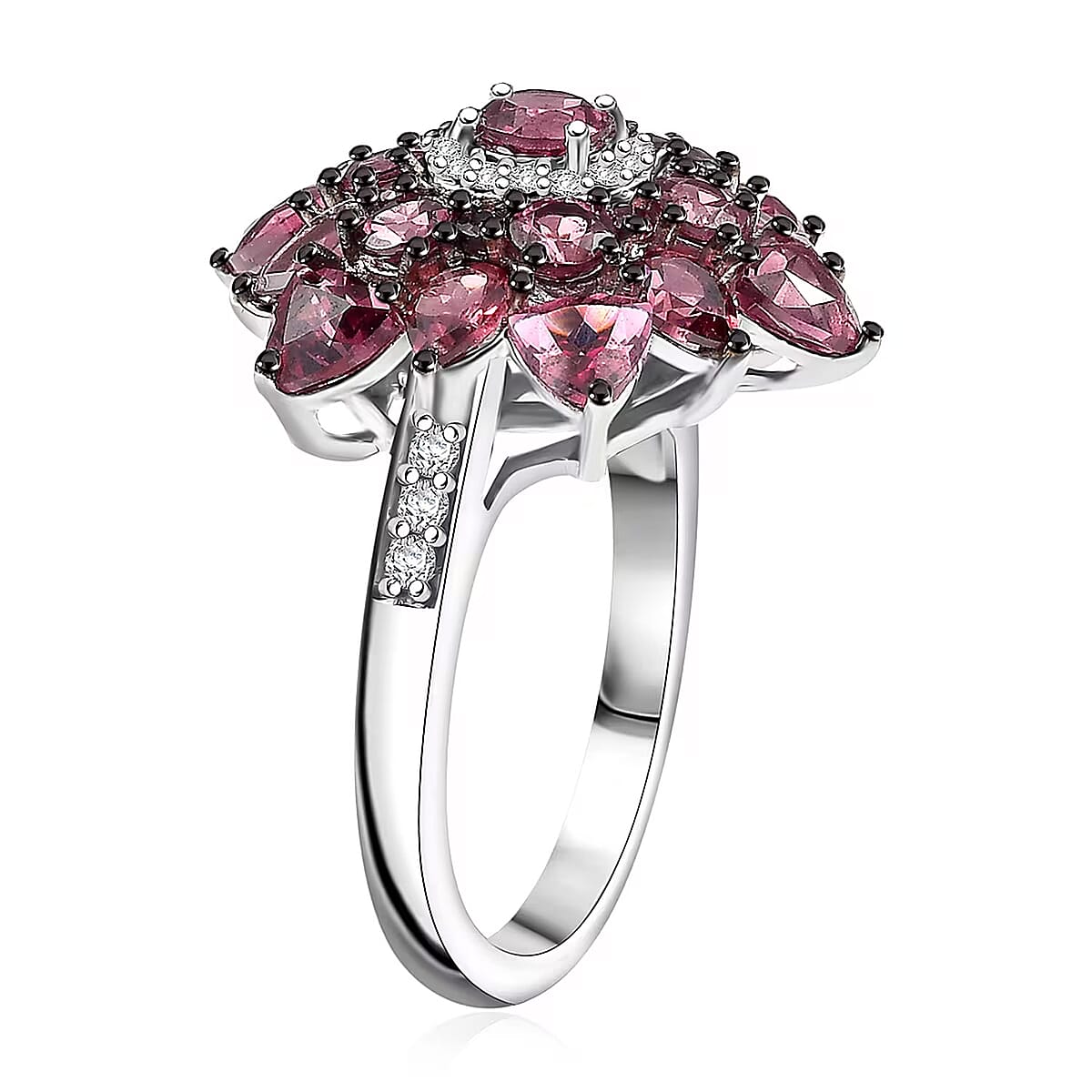 D'Joy Premium Tanzanian Wine Garnet and White Zircon 4.90 ctw Dahlia Flower Ring in Rhodium Over Sterling Silver image number 7