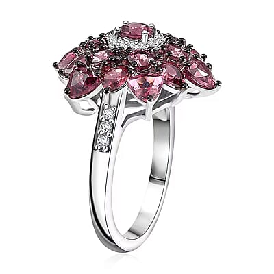 D'Joy Premium Tanzanian Wine Garnet and White Zircon 4.90 ctw Blazing Bloom Ring in Rhodium Over Sterling Silver (Size 10.0)