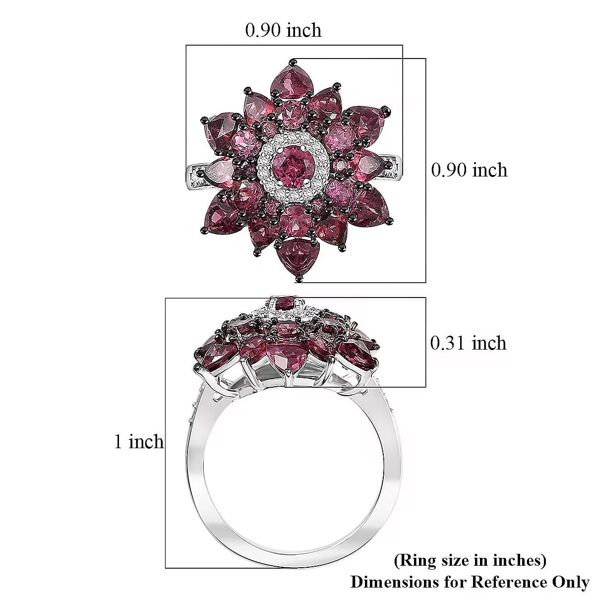 D'Joy Premium Tanzanian Wine Garnet and White Zircon 4.90 ctw Blazing Bloom Ring in Rhodium Over Sterling Silver (Size 5.0) image number 6