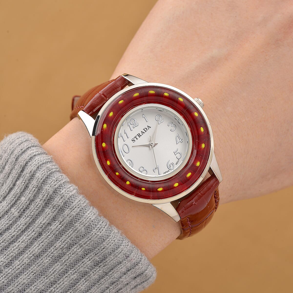 Labor Day Doorbuster Strada Red Color Murano Style Japanese Movement Watch with Red Leather Strap (37mm) image number 1