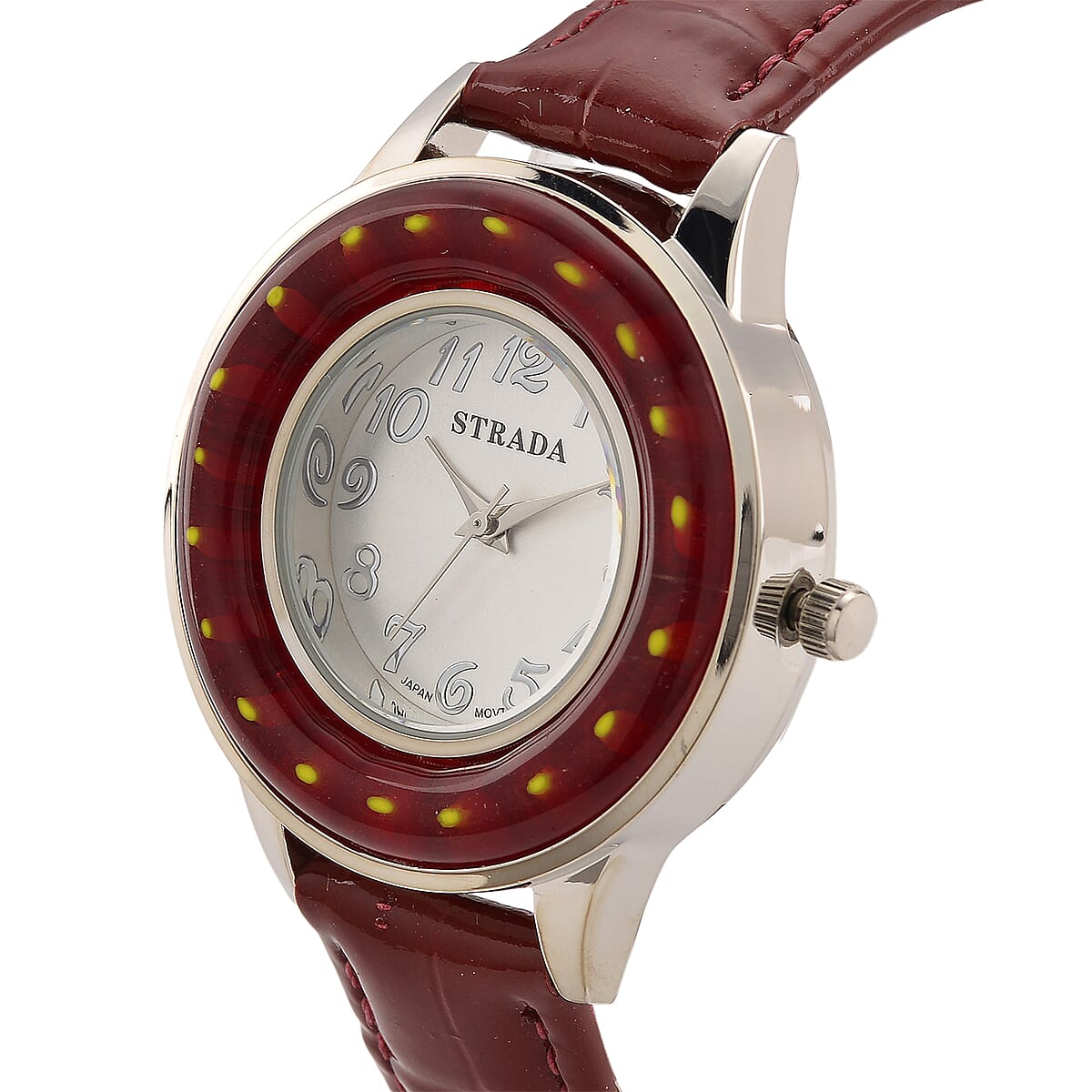 Labor Day Doorbuster Strada Red Color Murano Style Japanese Movement Watch with Red Leather Strap (37mm) image number 2