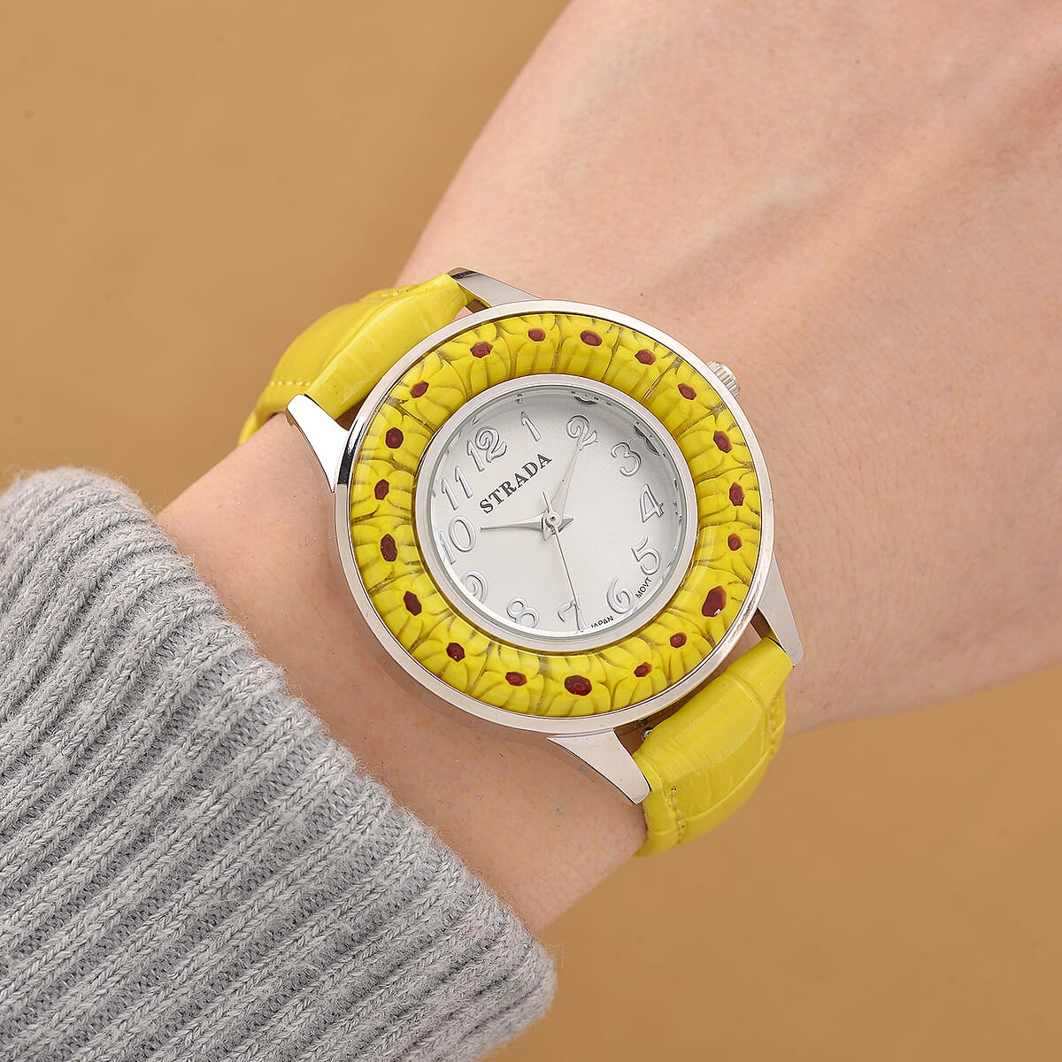 Strada Yellow Color Murano Style Japanese Movement Watch with Yellow Leather Strap (37mm) image number 1
