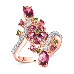 D'Joy Tanzanian Wine Garnet and Multi Gemstone 2.85 ctw Floral Inferna Ring in 18K Vermeil Rose Gold Over Sterling Silver (Size 10.0)