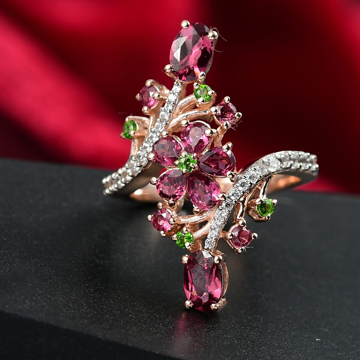 D'Joy Tanzanian Wine Garnet and Multi Gemstone 2.85 ctw Floral Inferna Ring in 18K Vermeil Rose Gold Over Sterling Silver (Size 5.0) image number 1