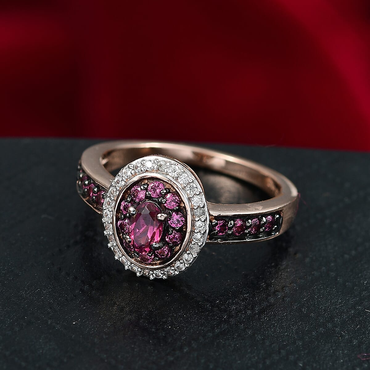 D'Joy Premium Tanzanian Wine Garnet and White Zircon 1.00 ctw Circle of Flame Ring in 18K Vermeil Rose Gold Over Sterling Silver (Size 6.0) image number 1