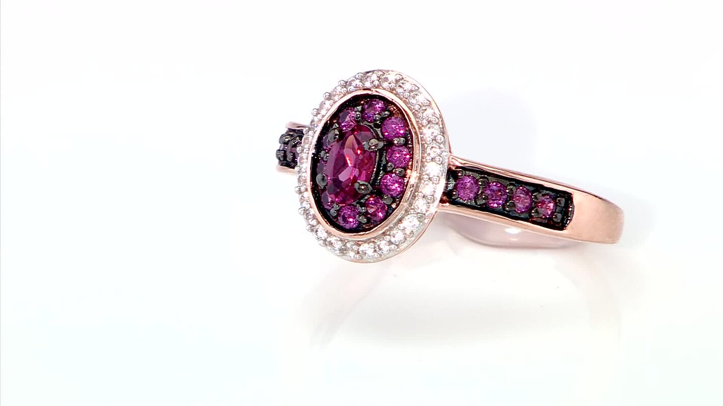 D'Joy Premium Tanzanian Wine Garnet, White Zircon Rose Eclipse Ring in 18K Vermeil RG Over Sterling Silver (Size 10.0) 1.00 ctw