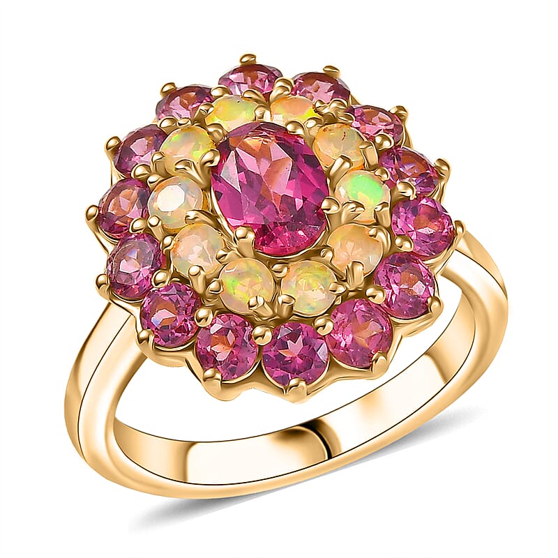 D'Joy Tanzanian Wine Garnet and Ethiopian Welo Opal 3.75 ctw Fleur of Flame Ring in 18K Vermeil Yellow Gold Over Sterling Silver (Size 10.0)