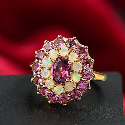 D'Joy Tanzanian Wine Garnet and Ethiopian Welo Opal 3.75 ctw Fleur of Flame Ring in 18K Vermeil Yellow Gold Over Sterling Silver (Size 10.0)