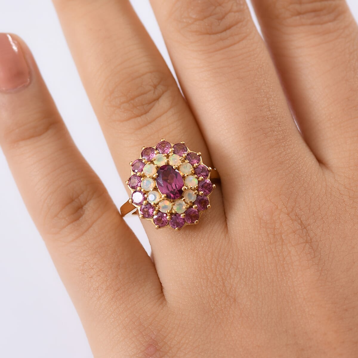 D'Joy Tanzanian Wine Garnet and Ethiopian Welo Opal 3.75 ctw Fleur of Flame Ring in 18K Vermeil Yellow Gold Over Sterling Silver (Size 10.0) image number 2