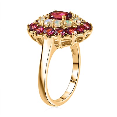 D'Joy Tanzanian Wine Garnet and Ethiopian Welo Opal 3.75 ctw Fleur of Flame Ring in 18K Vermeil Yellow Gold Over Sterling Silver (Size 10.0)