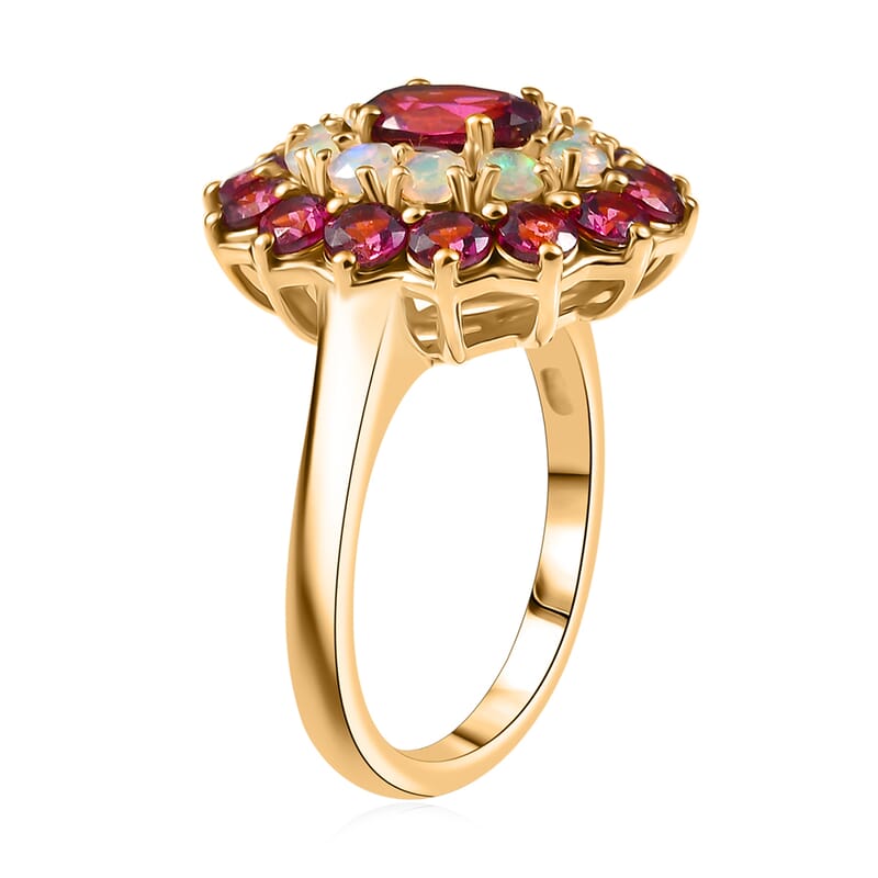 D'Joy Tanzanian Wine Garnet and Ethiopian Welo Opal 3.75 ctw Fleur of Flame Ring in 18K Vermeil Yellow Gold Over Sterling Silver (Size 10.0)