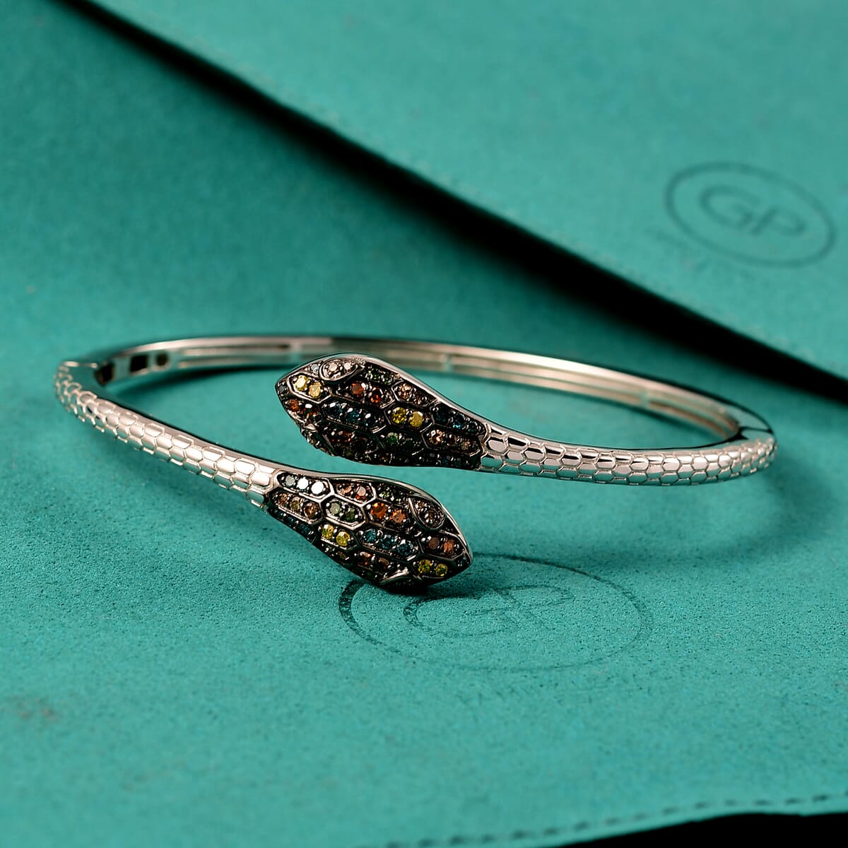 GP Trionfo Collection Multi Diamond 1.00 ctw Serpent Bangle Bracelet in Rhodium Over Sterling Silver (7.25 In) image number 1