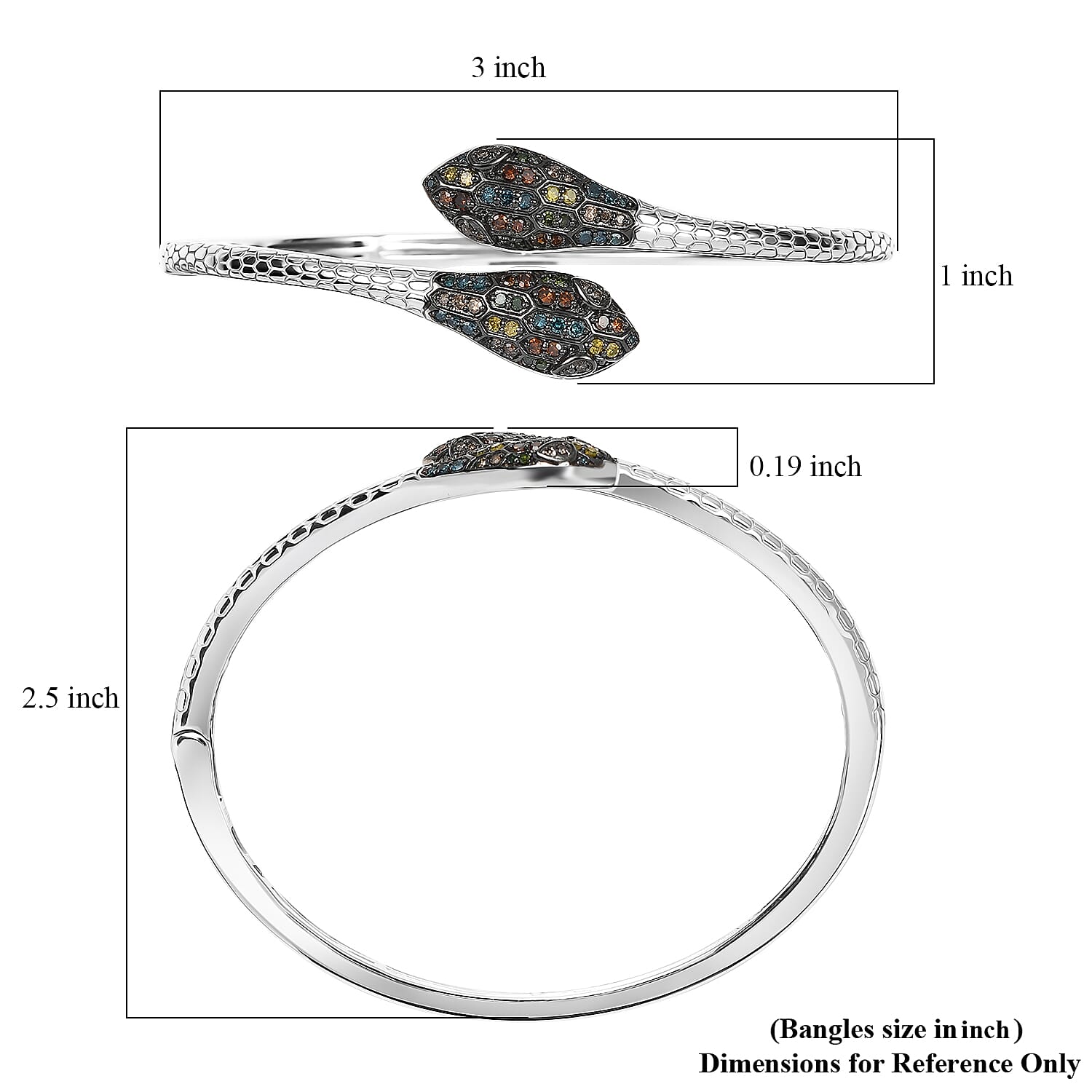 GP Trionfo Collection Multi Diamond 1.00 ctw Serpent Bangle Bracelet in Rhodium Over Sterling Silver (7.25 In)