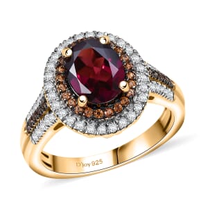 D'Joy Tanzanian Wine Garnet, White and Chocolate Zircon 3.00 ctw Crown of Flame Ring in 18K Vermeil Yellow Gold Over Sterling Silver (Size 10.0) (Del. in 8-10 Days) 