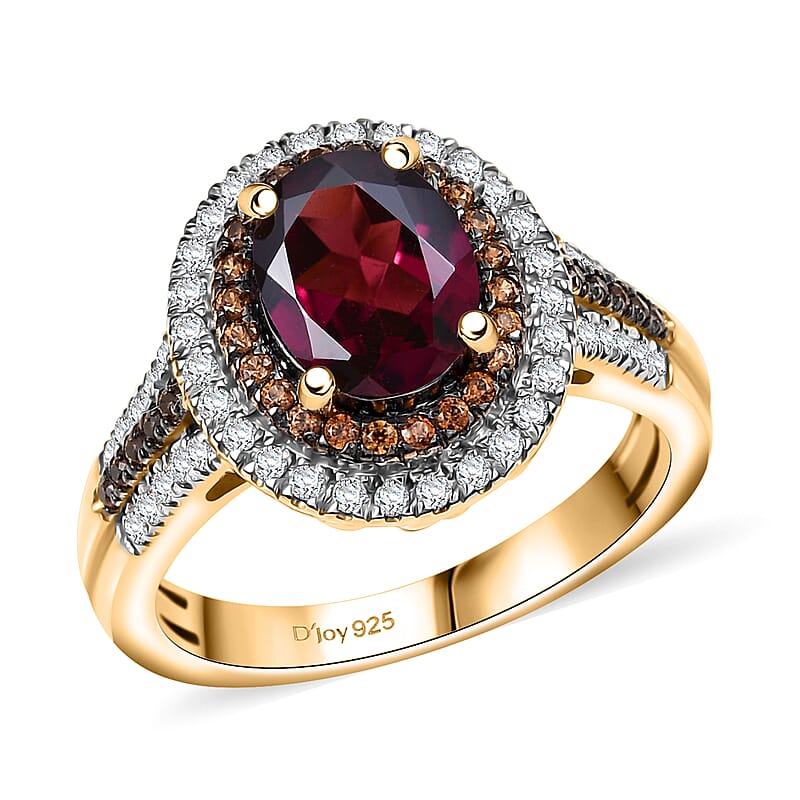 D'Joy Tanzanian Wine Garnet, White and Chocolate Zircon 3.00 ctw Crown of Flame Ring in 18K Vermeil Yellow Gold Over Sterling Silver (Size 10.0) (Del. in 8-10 Days) 