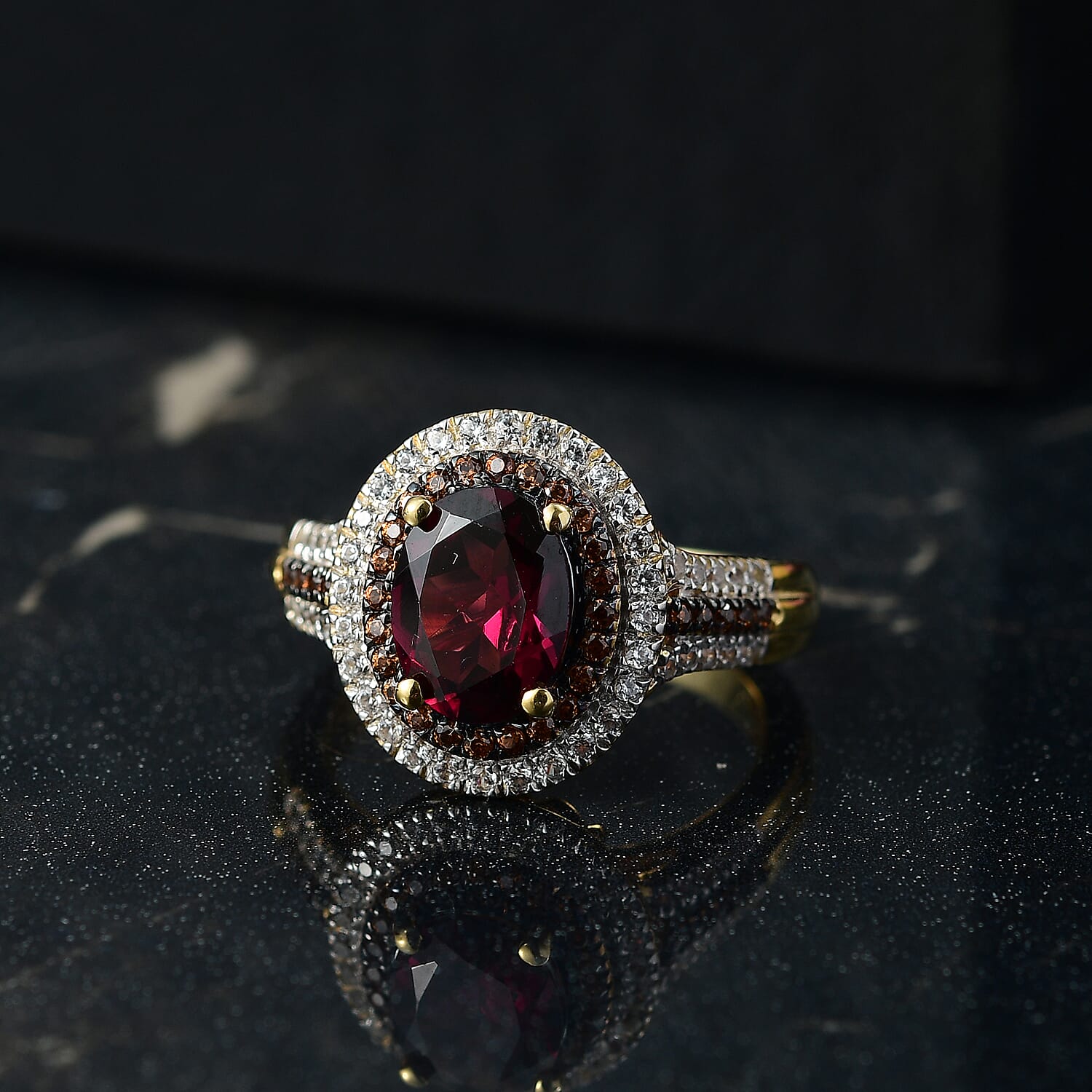 D'Joy Tanzanian Wine Garnet, White and Chocolate Zircon 3.00 ctw Crown of Flame Ring in 18K Vermeil Yellow Gold Over Sterling Silver (Size 10.0) (Del. in 8-10 Days) 