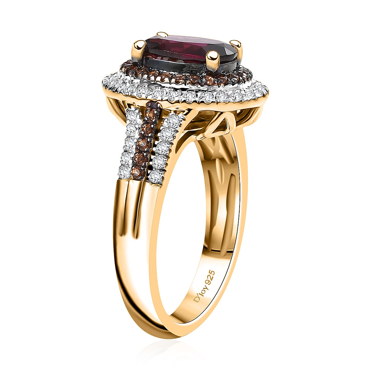 D'Joy Tanzanian Wine Garnet, White and Chocolate Zircon 3.00 ctw Crown of Flame Ring in 18K Vermeil Yellow Gold Over Sterling Silver (Size 10.0) (Del. in 8-10 Days) 