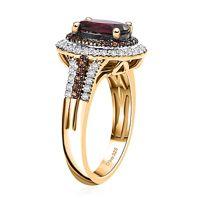 D'Joy Tanzanian Wine Garnet, White and Chocolate Zircon 3.00 ctw Crown of Flame Ring in 18K Vermeil Yellow Gold Over Sterling Silver (Size 10.0) (Del. in 8-10 Days) 
