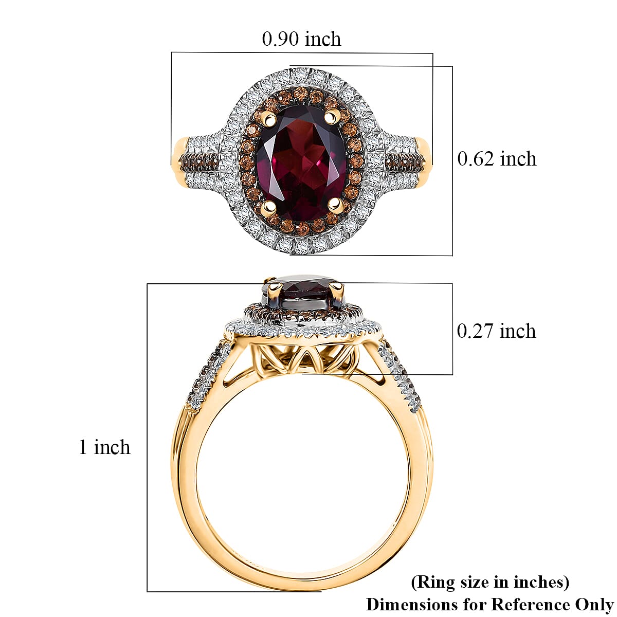 D'Joy Tanzanian Wine Garnet, White and Chocolate Zircon 3.00 ctw Crown of Flame Ring in 18K Vermeil Yellow Gold Over Sterling Silver (Size 10.0) (Del. in 8-10 Days) 