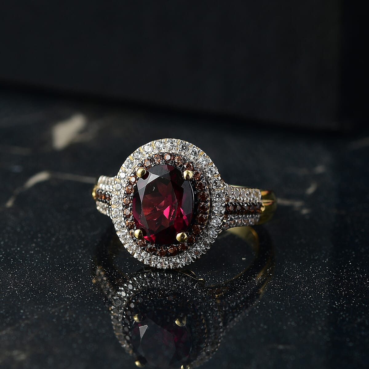 D'Joy Tanzanian Wine Garnet, White and Chocolate Zircon 3.00 ctw Crown of Flame Ring in 18K Vermeil Yellow Gold Over Sterling Silver (Size 8.0) (Del. in 8-10 Days)  image number 1