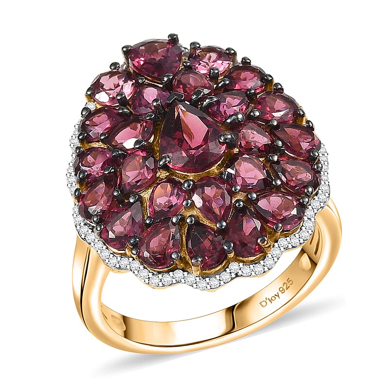 D'Joy Tanzanian Wine Garnet, White Zircon Floral Cluster Ring in 18K Vermeil YG Over Sterling Silver 6.00 ctw (Size 10.0)