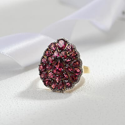 D'Joy Tanzanian Wine Garnet, White Zircon Floral Cluster Ring in 18K Vermeil YG Over Sterling Silver 6.00 ctw (Size 10.0)