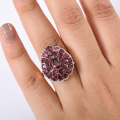 D'Joy Tanzanian Wine Garnet, White Zircon Floral Cluster Ring in 18K Vermeil YG Over Sterling Silver 6.00 ctw (Size 10.0)