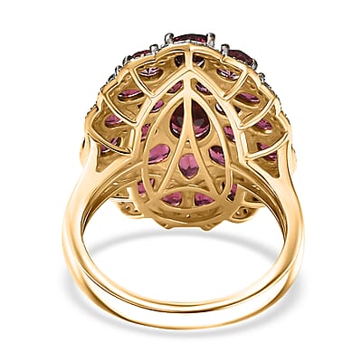 D'Joy Tanzanian Wine Garnet, White Zircon Floral Cluster Ring in 18K Vermeil YG Over Sterling Silver 6.00 ctw (Size 10.0)