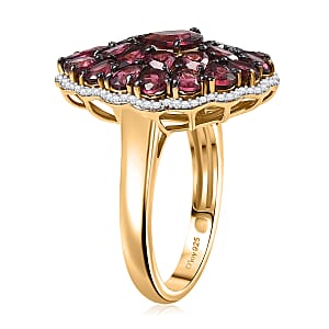 D'Joy Tanzanian Wine Garnet, White Zircon Floral Cluster Ring in 18K Vermeil YG Over Sterling Silver 6.00 ctw (Size 9.0)