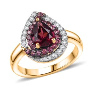 D'Joy Tanzanian Wine Garnet and White Zircon 2.00 ctw Tear of Flame Ring in 18K Vermeil Yellow Gold Over Sterling Silver (Size 10.0)