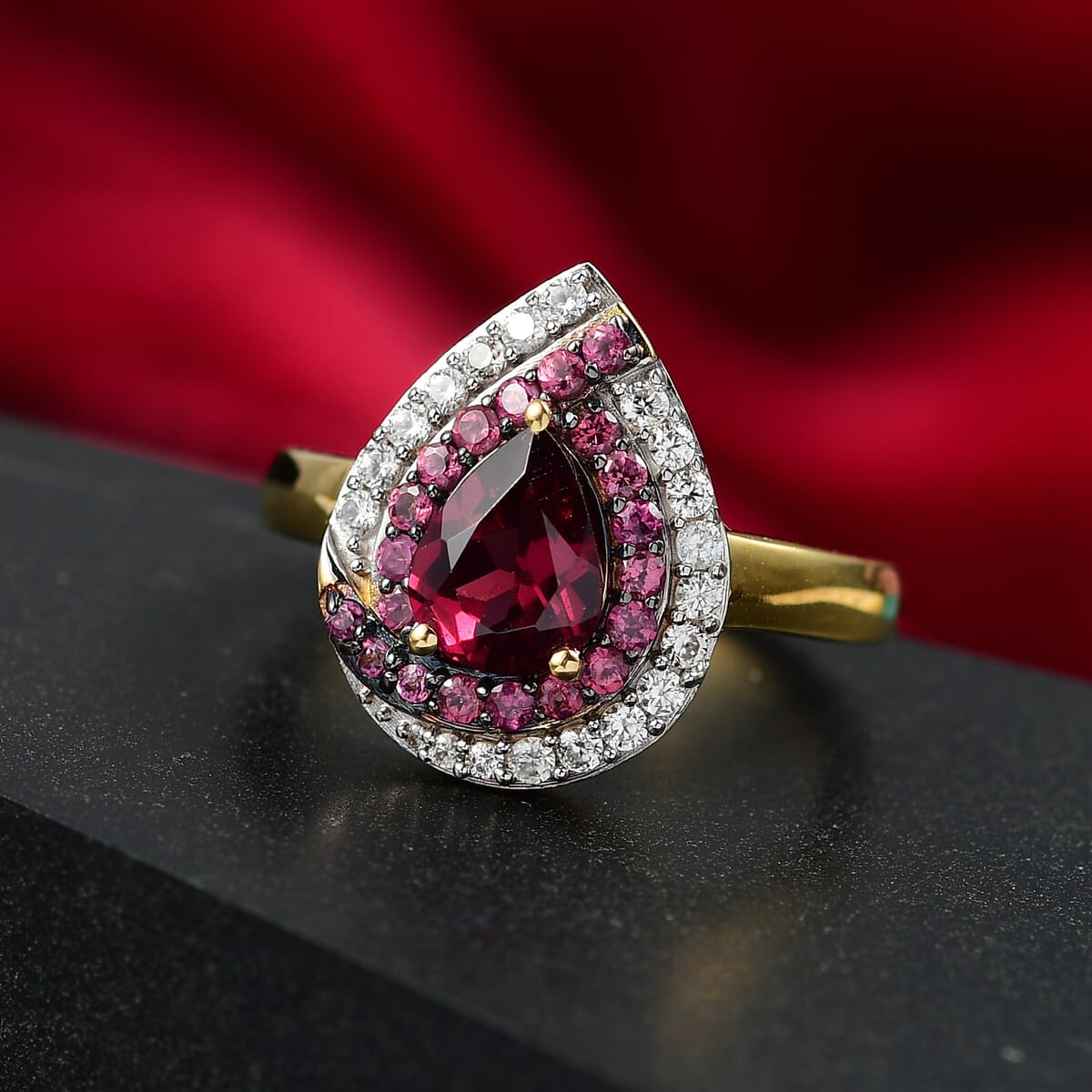 D'Joy Tanzanian Wine Garnet and White Zircon 2.00 ctw Tear of Flame Ring in 18K Vermeil Yellow Gold Over Sterling Silver (Size 10.0) image number 1