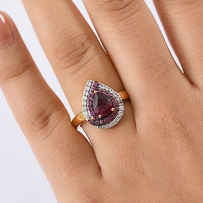D'Joy Tanzanian Wine Garnet and White Zircon 2.00 ctw Tear of Flame Ring in 18K Vermeil Yellow Gold Over Sterling Silver (Size 10.0)