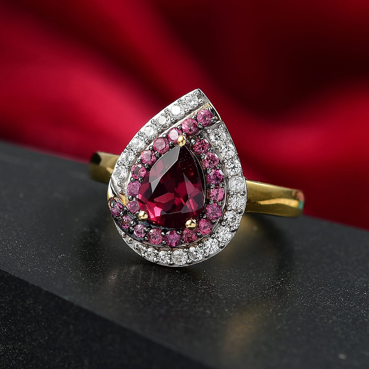 D'Joy Tanzanian Wine Garnet and White Zircon 2.00 ctw Tear of Flame Ring in 18K Vermeil Yellow Gold Over Sterling Silver (Size 7.0) image number 1