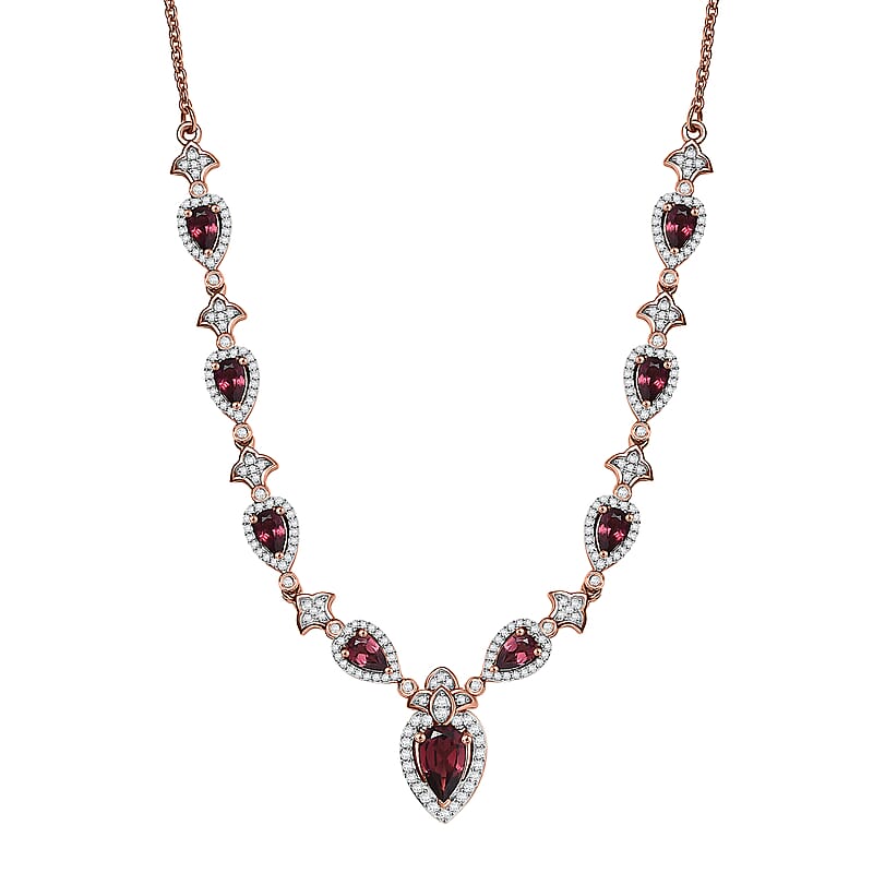 D'Joy Tanzanian Wine Garnet and White Zircon 4.70 ctw Majestic Firefal Necklace in 18K Vermeil Rose Gold Over Sterling Silver 18 Inches