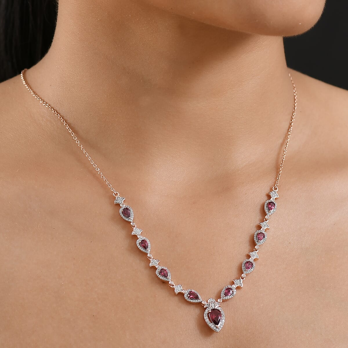 D'Joy Tanzanian Wine Garnet and White Zircon 4.70 ctw Majestic Firefal Necklace in 18K Vermeil Rose Gold Over Sterling Silver 18 Inches image number 2