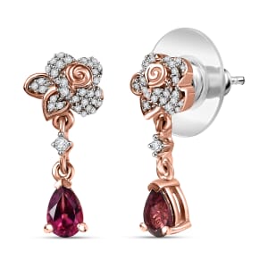 D'Joy Premium Tanzanian Wine Garnet and White Zircon 1.40 ctw Floral Drop Earrings in 18K Vermeil Rose Gold Over Sterling Silver