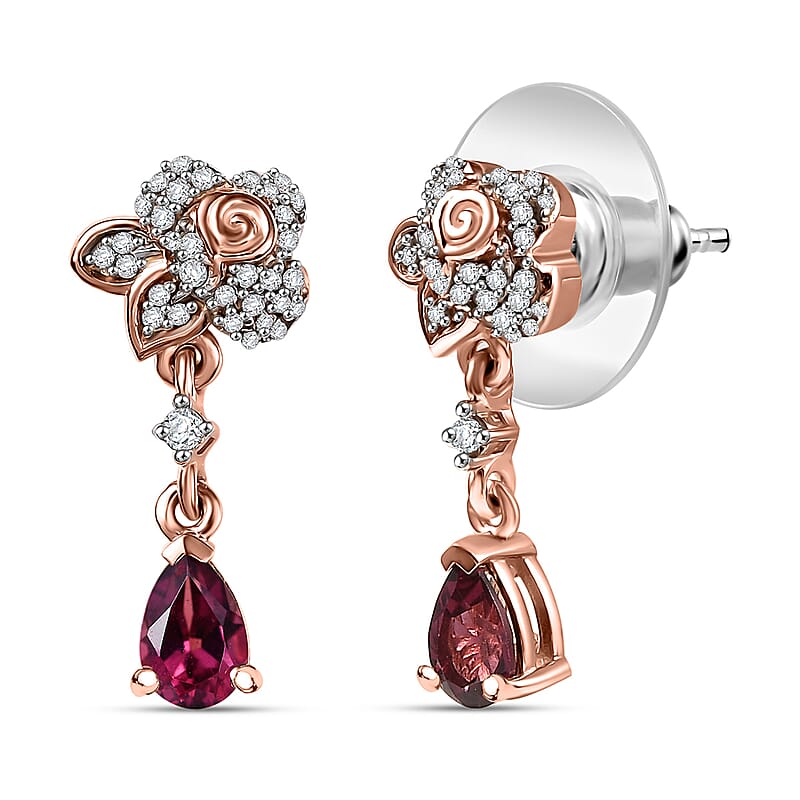D'Joy Premium Tanzanian Wine Garnet and White Zircon 1.40 ctw Floral Drop Earrings in 18K Vermeil Rose Gold Over Sterling Silver