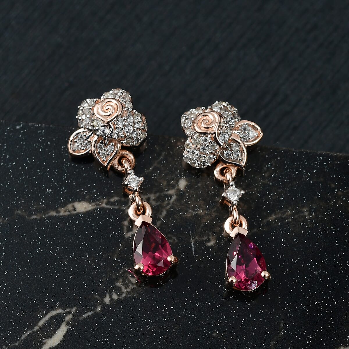 D'Joy Premium Tanzanian Wine Garnet and White Zircon 1.40 ctw Floral Drop Earrings in 18K Vermeil Rose Gold Over Sterling Silver image number 1