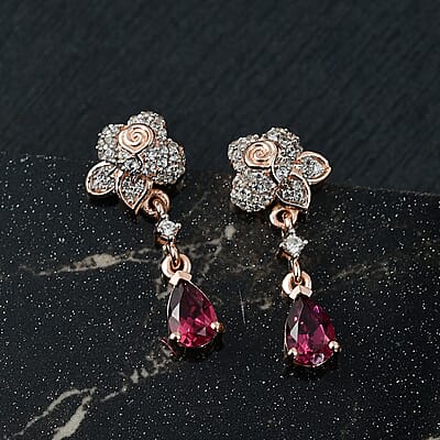 D'Joy Premium Tanzanian Wine Garnet and White Zircon 1.40 ctw Floral Drop Earrings in 18K Vermeil Rose Gold Over Sterling Silver