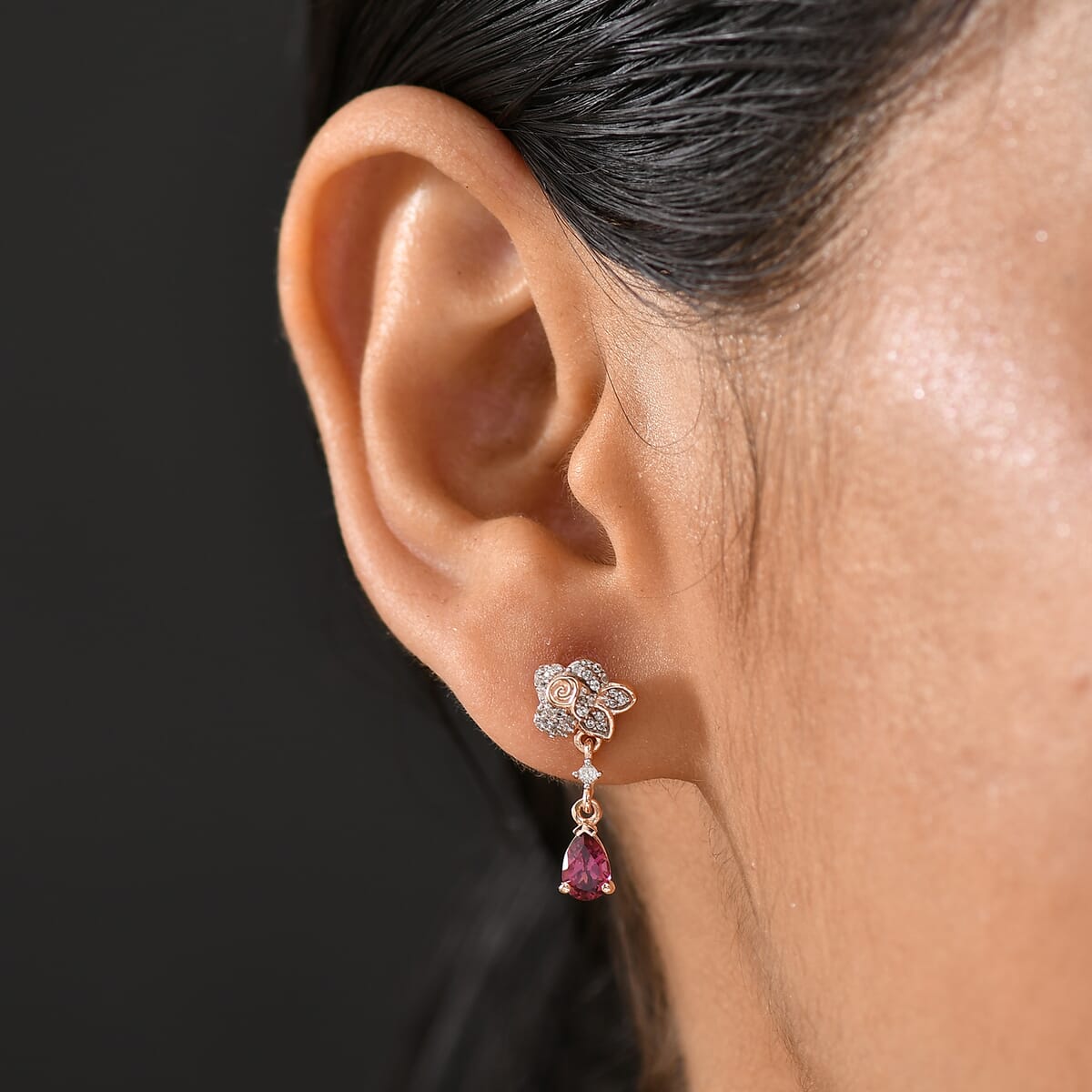 D'Joy Premium Tanzanian Wine Garnet and White Zircon 1.40 ctw Floral Drop Earrings in 18K Vermeil Rose Gold Over Sterling Silver image number 2