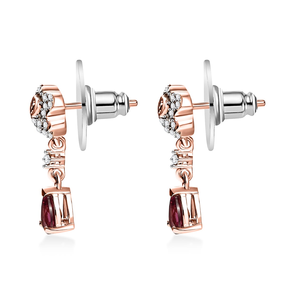 D'Joy Premium Tanzanian Wine Garnet and White Zircon 1.40 ctw Floral Drop Earrings in 18K Vermeil Rose Gold Over Sterling Silver image number 3