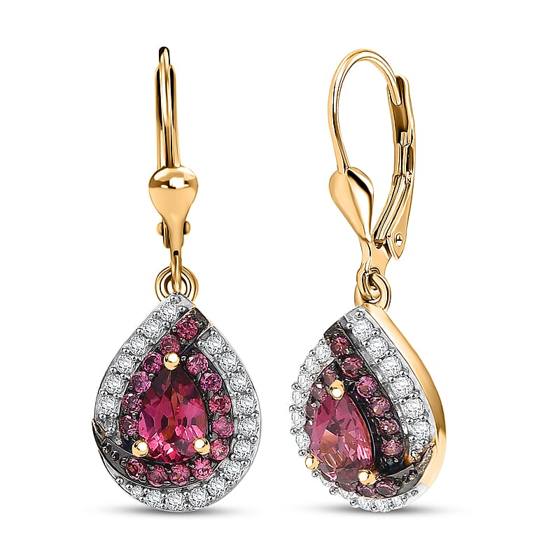 D'Joy Tanzanian Wine Garnet and White Zircon 1.90 ctw Blushing Teardrop Earrings in 18K Vermeil YG Over Sterling Silver