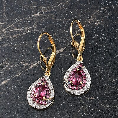 D'Joy Tanzanian Wine Garnet and White Zircon 1.90 ctw Blushing Teardrop Earrings in 18K Vermeil YG Over Sterling Silver