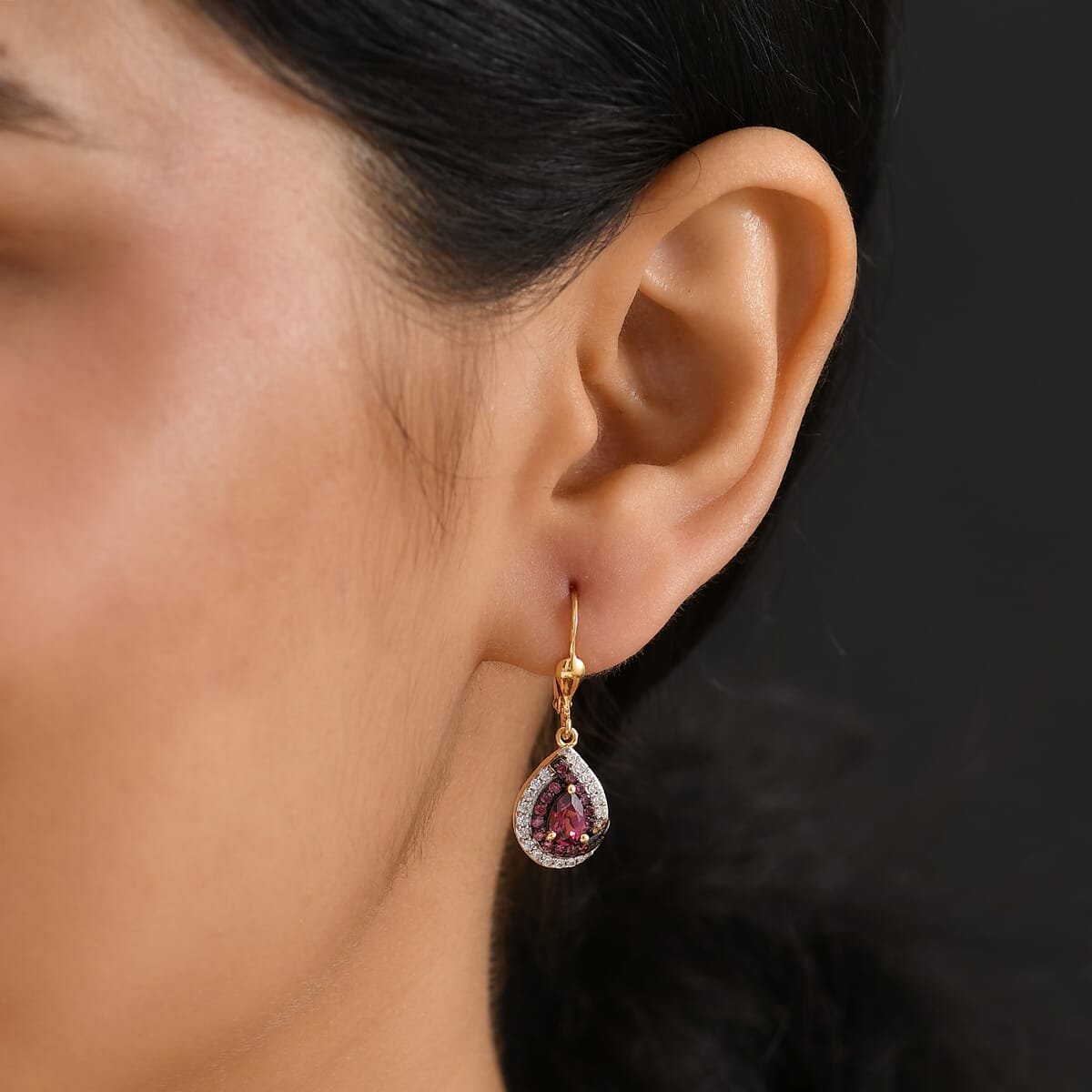 D'Joy Tanzanian Wine Garnet and White Zircon 1.90 ctw Blushing Teardrop Earrings in 18K Vermeil YG Over Sterling Silver image number 2