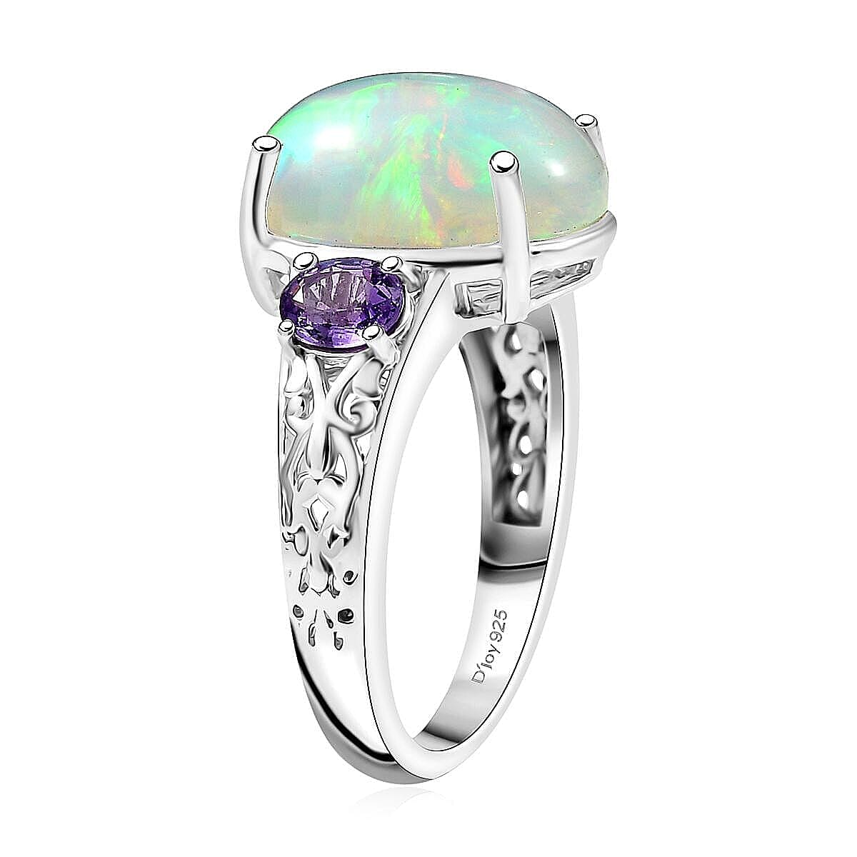 D'Joy AAA Ethiopian Welo Opal and Madagascar Purple Sapphire 4.60 ctw Aurora Blossom Ring in Rhodium Over Sterling Silver (Size 10.0)