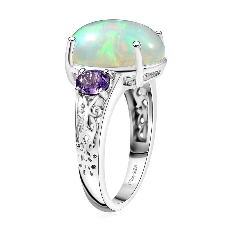D'Joy AAA Ethiopian Welo Opal and Madagascar Purple Sapphire 4.60 ctw Aurora Blossom Ring in Rhodium Over Sterling Silver (Size 10.0)